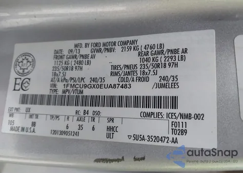 2014 Ford Escape Se из США, поврежденный, VIN 1FMCU9GX0EUA87483